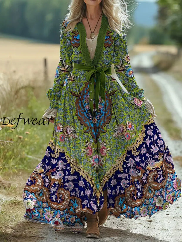 Retro Boho Floral Art Print Vintage Chic Waist Strap V-Neck Cotton Long Sleeve Midi Dress A / S