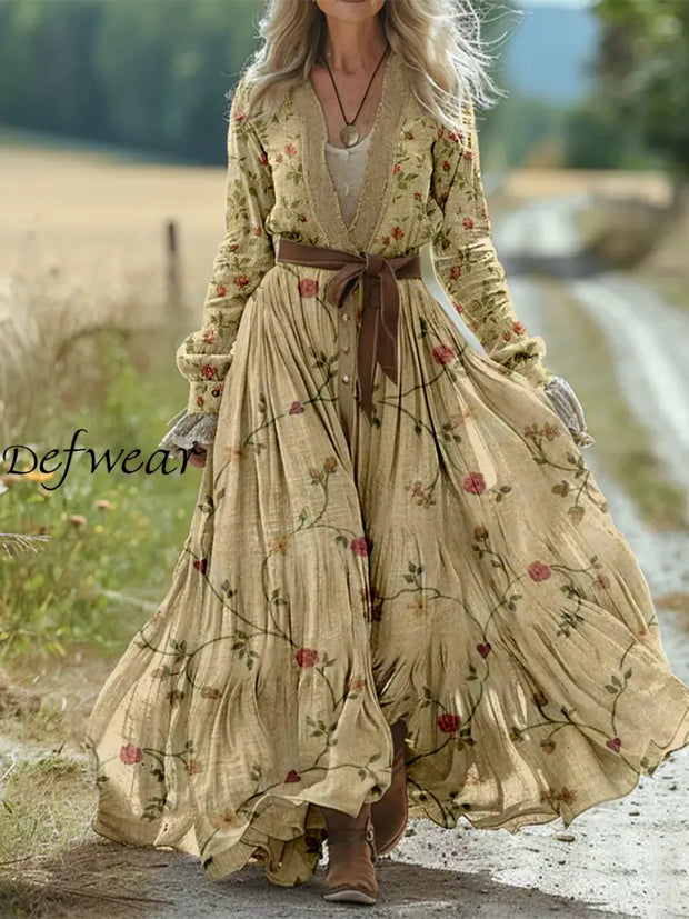 Retro Boho Floral Art Print Vintage Chic Waist Strap V-Neck Cotton Long Sleeve Midi Dress A / S