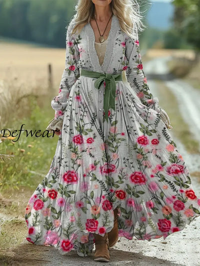 Retro Boho Floral Art Print Vintage Chic Waist Strap V-Neck Cotton Long Sleeve Midi Dress A / S