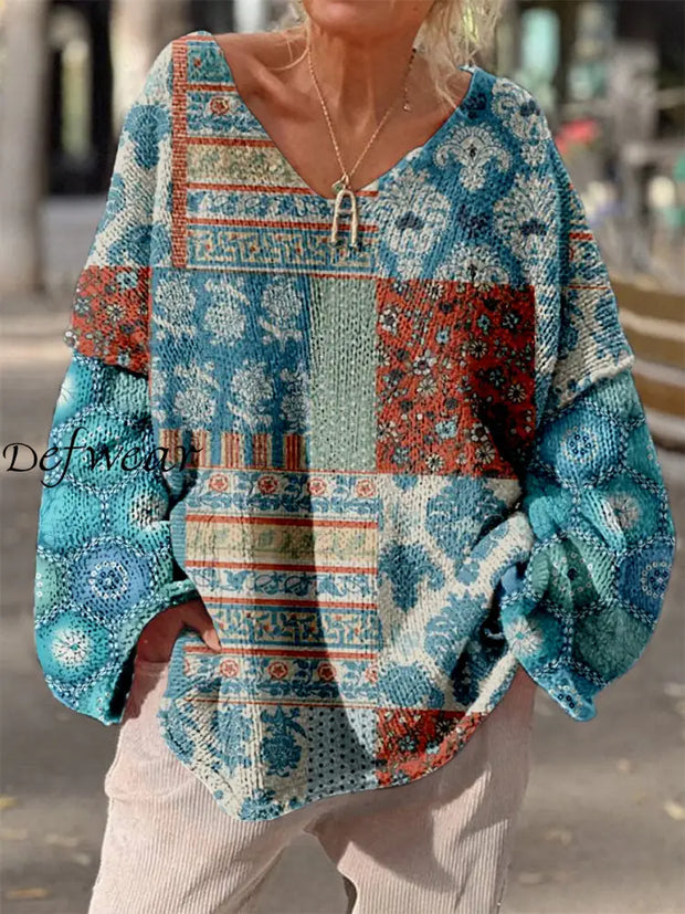 Retro Boho Floral Art Print Vintage Loose Chic V-Neck Long Sleeve Thick Knit Sweater A / S