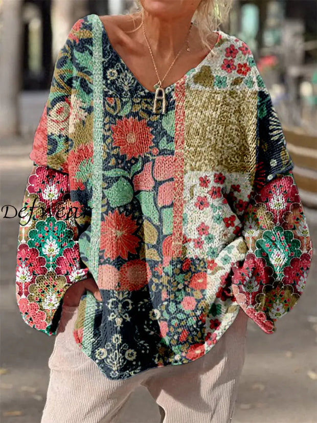 Retro Boho Floral Art Print Vintage Loose Chic V-Neck Long Sleeve Thick Knit Sweater A / S