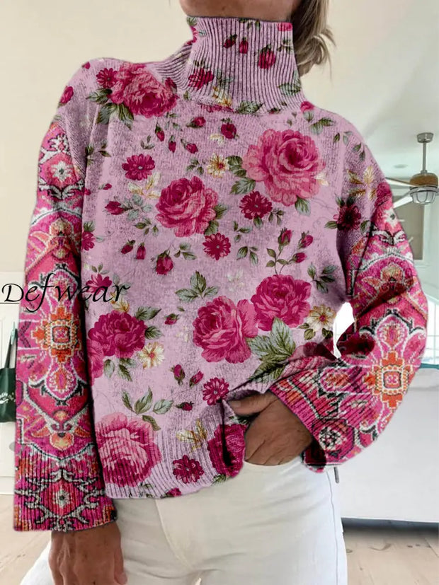 Retro Boho Floral Art Printed Knit Vintage Turtleneck Pullover Long-Sleeved Sweater A / S