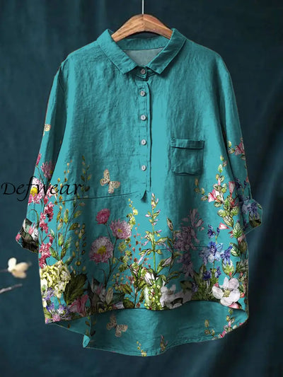 Retro Boho Floral Art Printed Round Neck Button Pocket Linen Mid Long Sleeve Shirt A / S