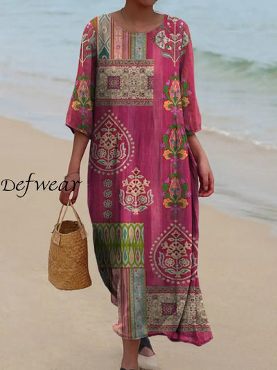 Retro Boho Floral Art Printed Round Neck Vintage Loose Long Sleeves Midi Dress A / S