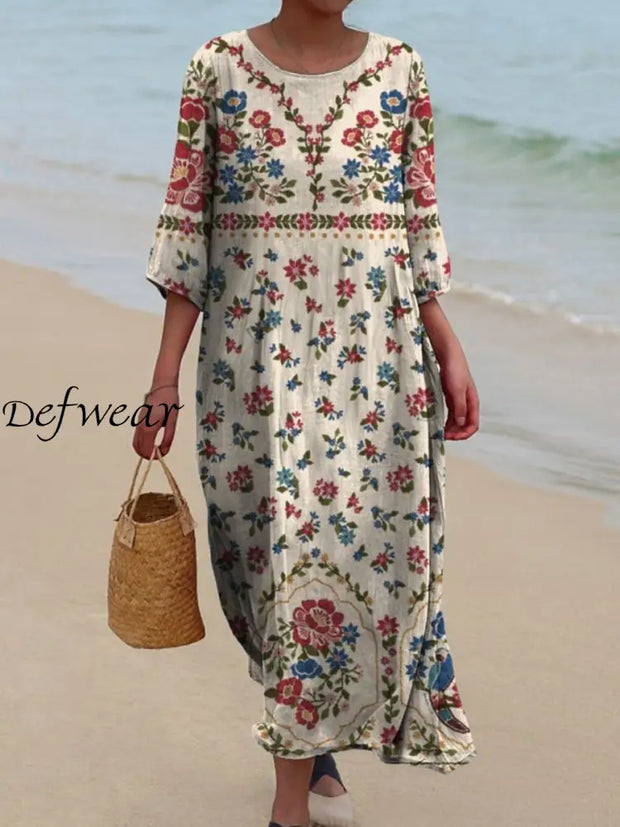 Retro Boho Floral Art Printed Round Neck Vintage Loose Long Sleeves Midi Dress A / S