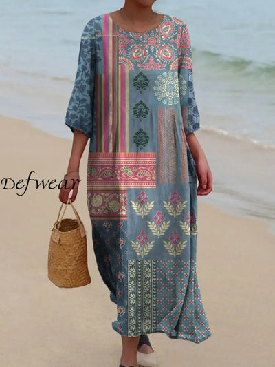 Retro Boho Floral Art Printed Round Neck Vintage Loose Long Sleeves Midi Dress A / S