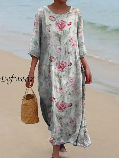 Retro Boho Floral Art Printed Round Neck Vintage Loose Long Sleeves Midi Dress A / S