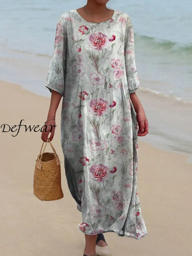 Retro Boho Floral Art Printed Round Neck Vintage Loose Long Sleeves Midi Dress A / S