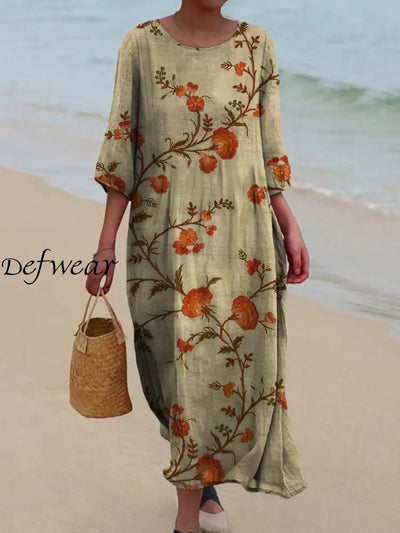 Retro Boho Floral Art Printed Round Neck Vintage Loose Long Sleeves Midi Dress A / S