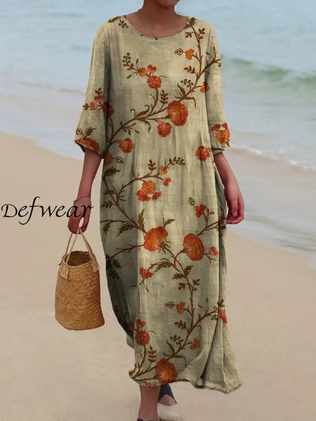 Retro Boho Floral Art Printed Round Neck Vintage Loose Long Sleeves Midi Dress A / S