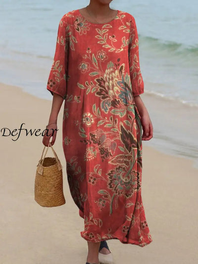 Retro Boho Floral Art Printed Round Neck Vintage Loose Long Sleeves Midi Dress A / S