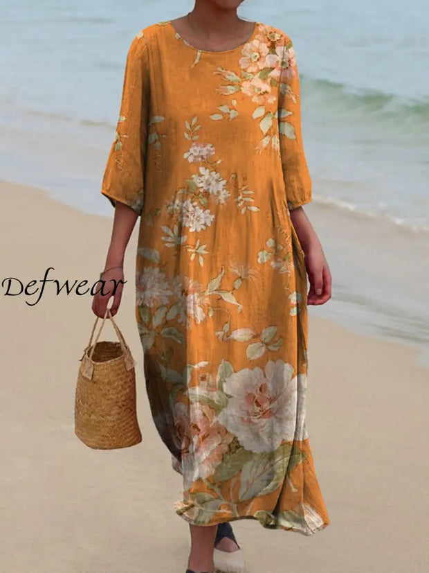 Retro Boho Floral Art Printed Round Neck Vintage Loose Long Sleeves Midi Dress A / S