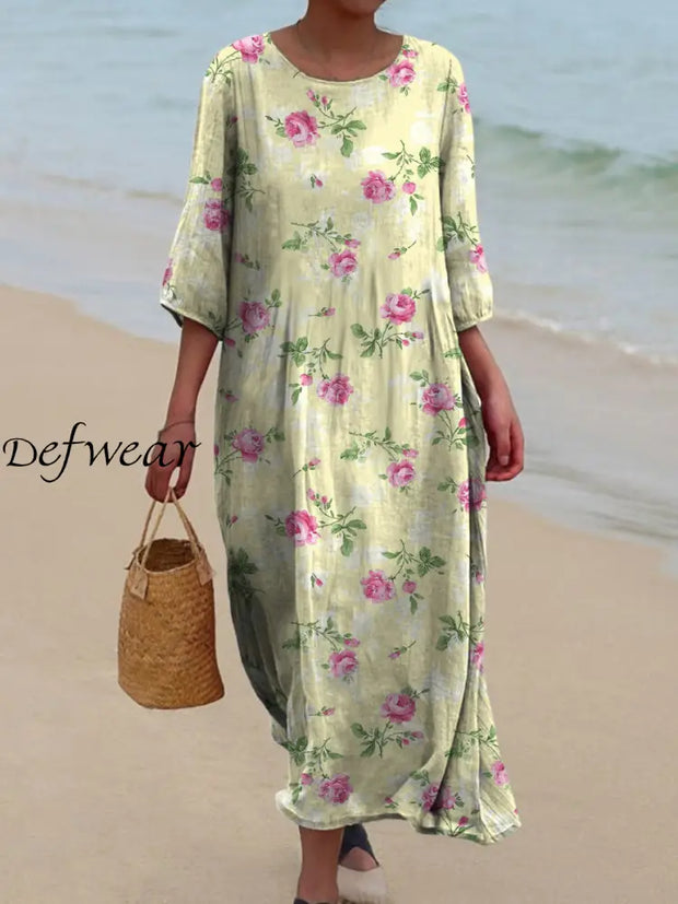 Retro Boho Floral Art Printed Round Neck Vintage Loose Long Sleeves Midi Dress A / S