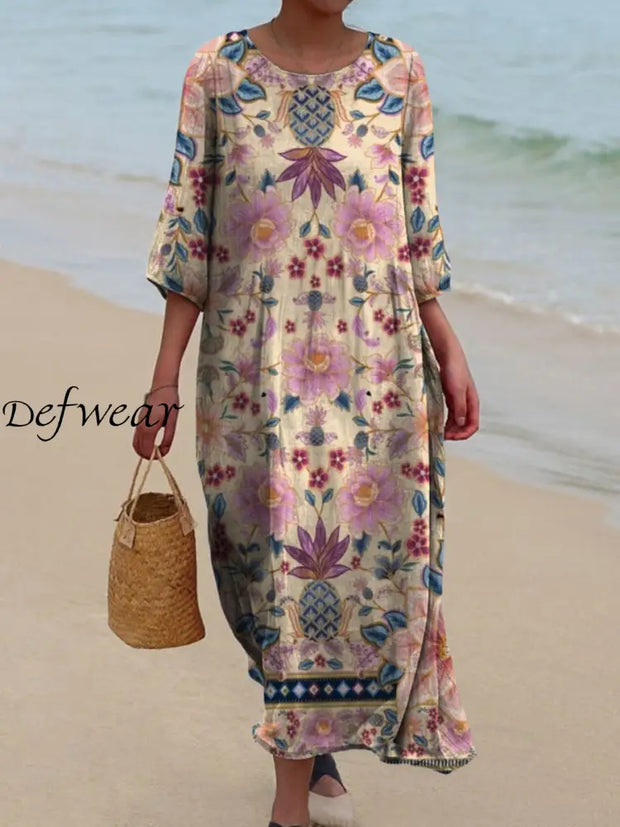 Retro Boho Floral Art Printed Round Neck Vintage Loose Long Sleeves Midi Dress A / S