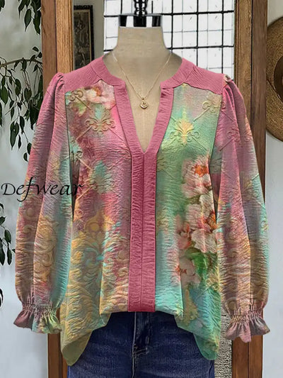 Retro Boho Floral Art Printed V-Neck Elegant Vintage Chic Bud Long Sleeve Shirt A / S