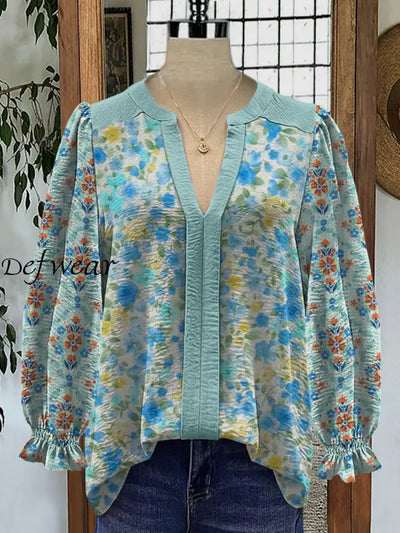 Retro Boho Floral Art Printed V-Neck Elegant Vintage Chic Bud Long Sleeve Shirt A / S