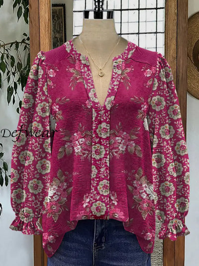 Retro Boho Floral Art Printed V-Neck Elegant Vintage Chic Bud Long Sleeve Shirt A / S