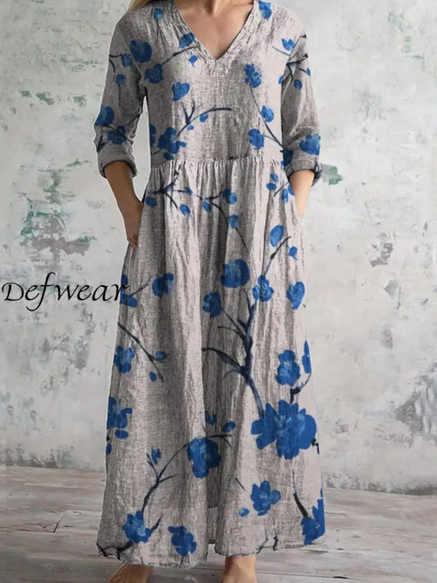 Retro Boho Floral Art Printed V-Neck Vintage Casual Long Sleeve Midi Dress A / S