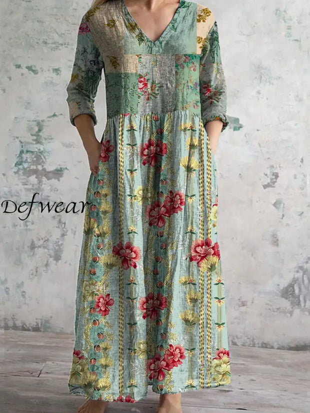 Retro Boho Floral Art Printed V-Neck Vintage Casual Long Sleeve Midi Dress A / S