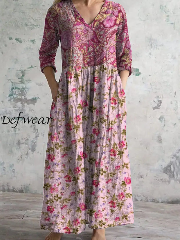 Retro Boho Floral Art Printed V-Neck Vintage Casual Long Sleeve Midi Dress A / S