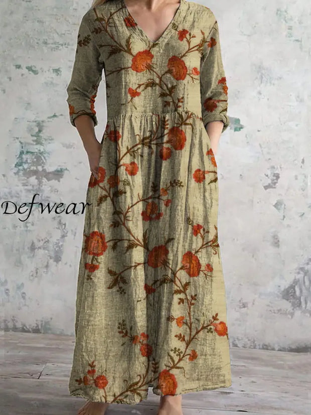 Retro Boho Floral Art Printed V-Neck Vintage Casual Long Sleeve Midi Dress A / S