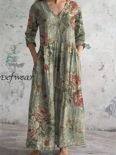 Retro Boho Floral Art Printed V Neck Vintage Casual Long Sleeve Midi Dress A / S