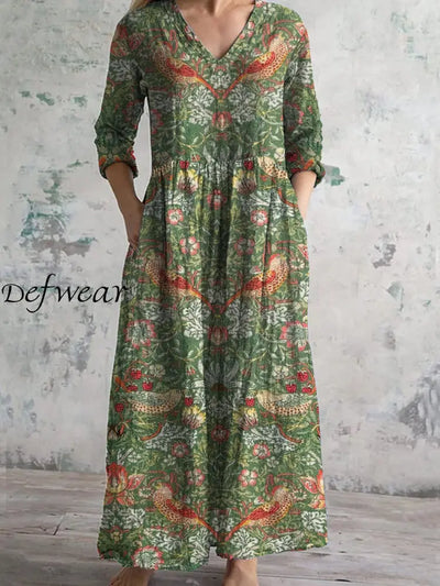 Retro Boho Floral Art Printed V-Neck Vintage Casual Long Sleeve Midi Dress A / S