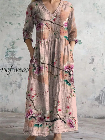 Retro Boho Floral Art Printed V-Neck Vintage Casual Long Sleeve Midi Dress A / S