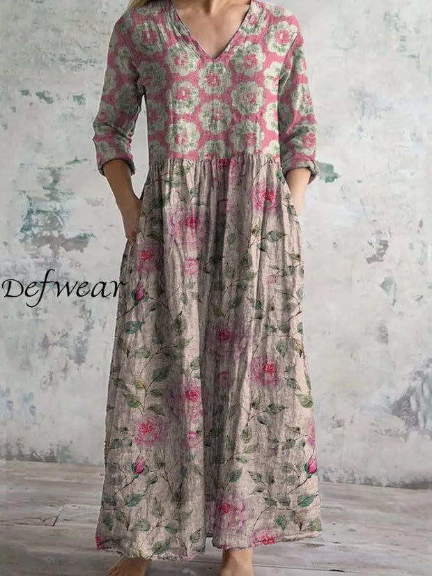 Retro Boho Floral Art Printed V Neck Vintage Casual Long Sleeve Midi Dress A / S