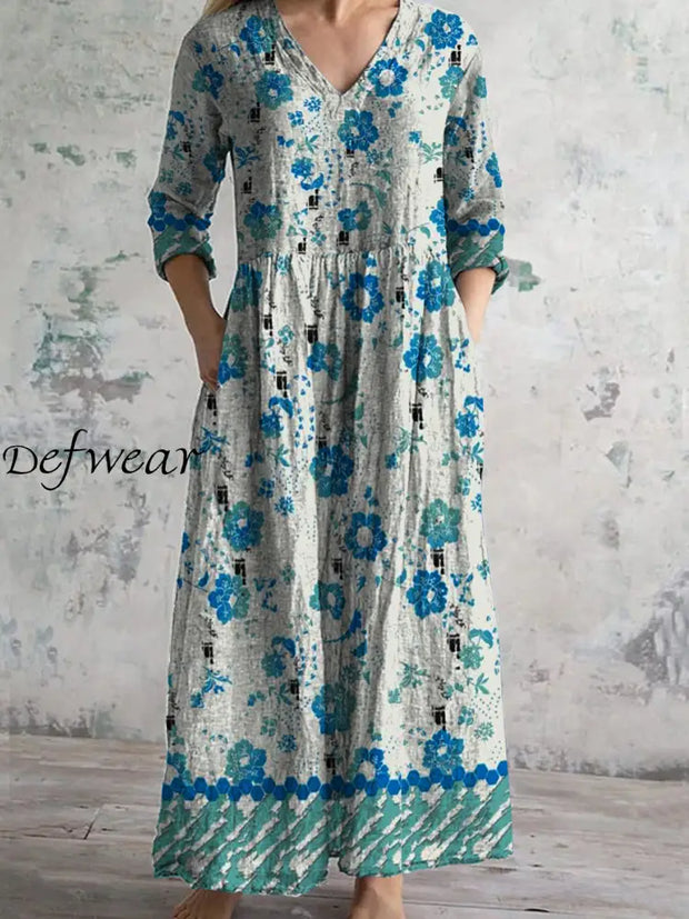 Retro Boho Floral Art Printed V-Neck Vintage Casual Long Sleeve Midi Dress A / S