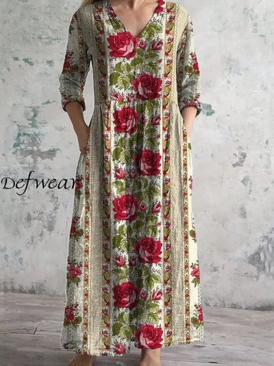 Retro Boho Floral Art Printed V-Neck Vintage Casual Long Sleeve Midi Dress A / S