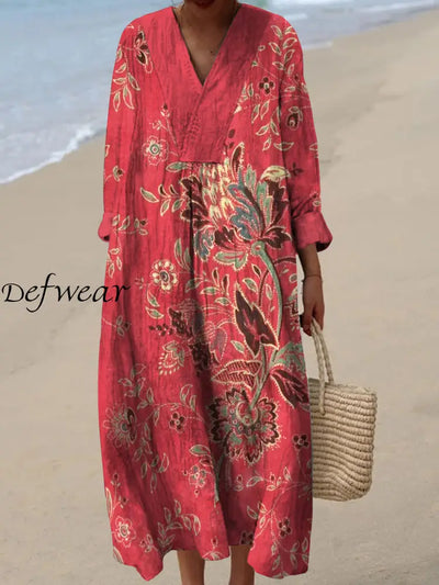 Retro Boho Floral Art Printed V-Neck Vintage Chic Loose Long Sleeves Midi Dress A / S