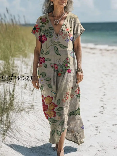 Retro Boho Floral Art Printed V-Neck Vintage Loose Long Sleeves Midi Dress A / S