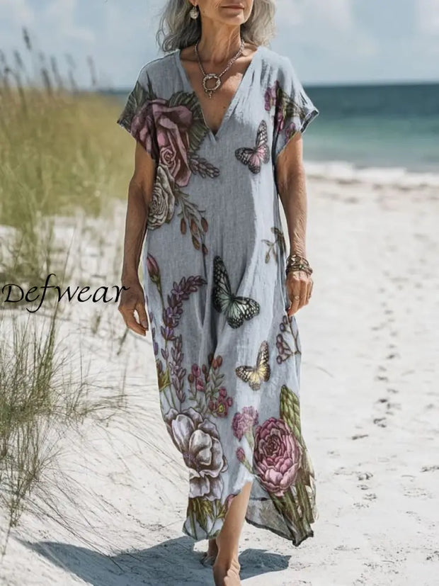 Retro Boho Floral Art Printed V-Neck Vintage Loose Long Sleeves Midi Dress A / S