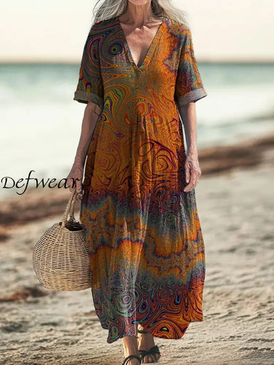 Retro Boho Floral Art Printed V-Neck Vintage Loose Long Sleeves Midi Dress A / S