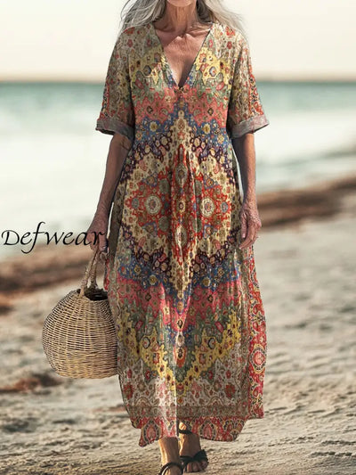 Retro Boho Floral Art Printed V-Neck Vintage Loose Long Sleeves Midi Dress A / S