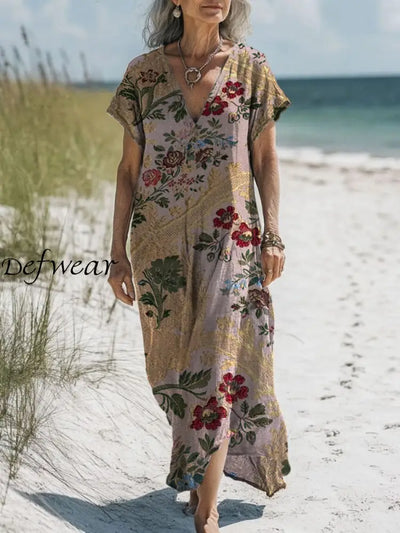 Retro Boho Floral Art Printed V-Neck Vintage Loose Long Sleeves Midi Dress A / S