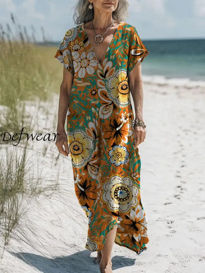 Retro Boho Floral Art Printed V-Neck Vintage Loose Long Sleeves Midi Dress A / S