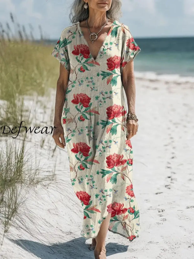 Retro Boho Floral Art Printed V-Neck Vintage Loose Long Sleeves Midi Dress A / S