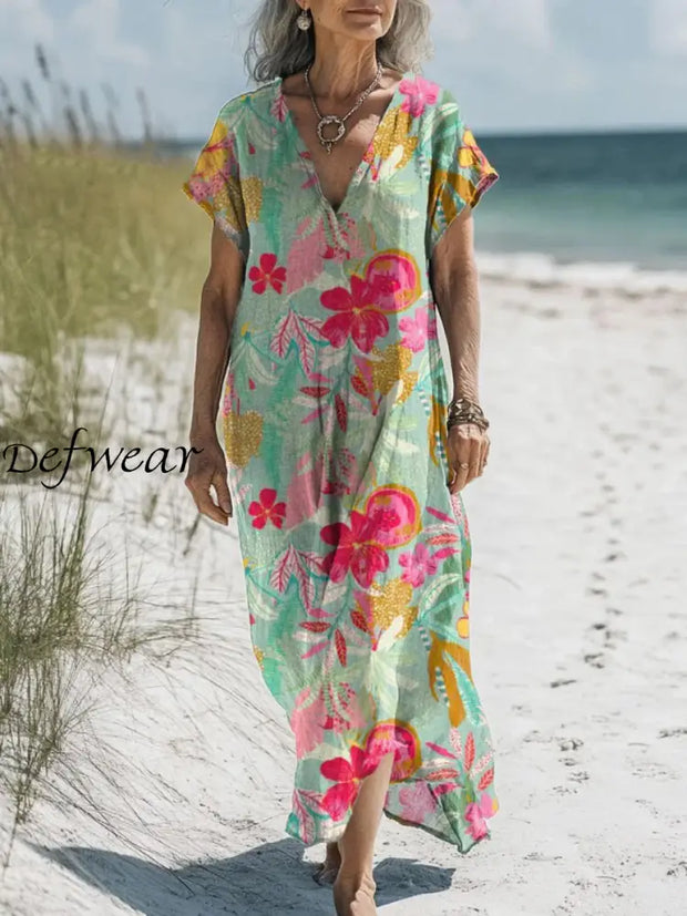 Retro Boho Floral Art Printed V-Neck Vintage Loose Long Sleeves Midi Dress A / S