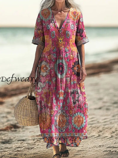 Retro Boho Floral Art Printed V-Neck Vintage Loose Long Sleeves Midi Dress A / S