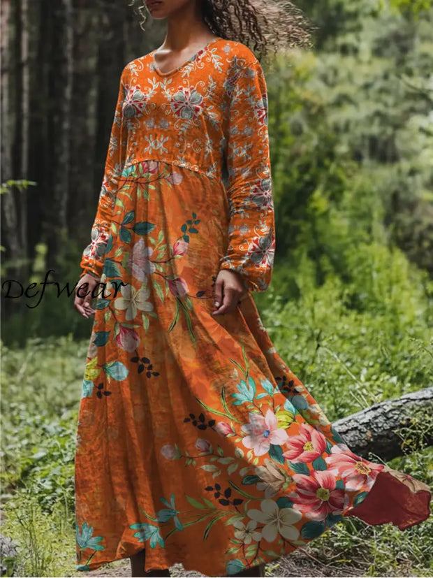 Retro Boho Floral Art Printed V-Neck Vintage Loose Long Sleeves Midi Dress A / S