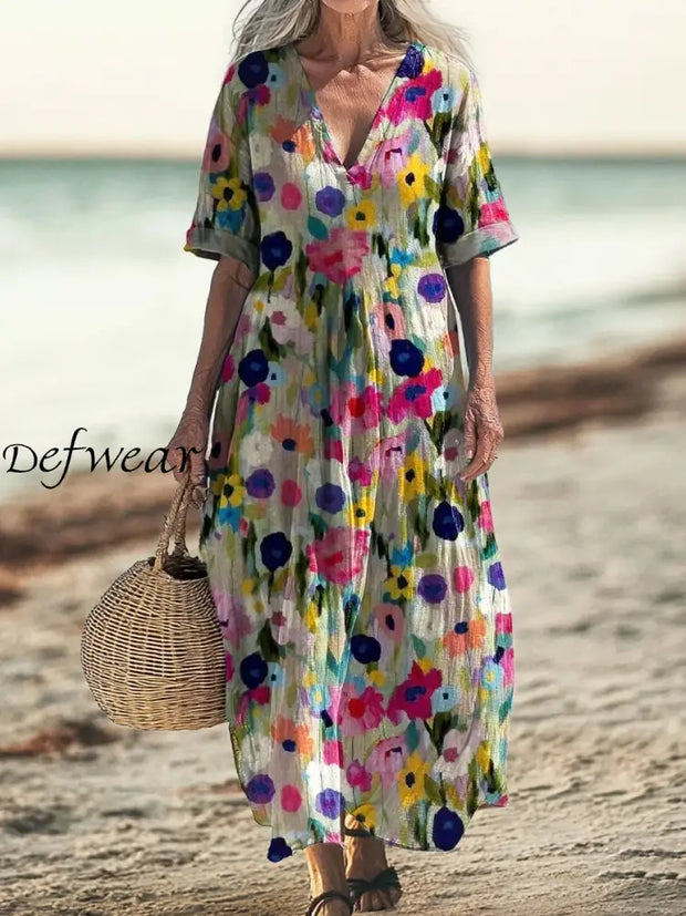 Retro Boho Floral Art Printed V-Neck Vintage Loose Long Sleeves Midi Dress A / S