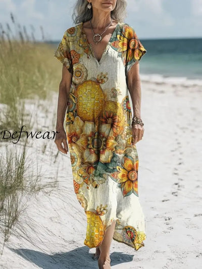 Retro Boho Floral Art Printed V-Neck Vintage Loose Long Sleeves Midi Dress A / S