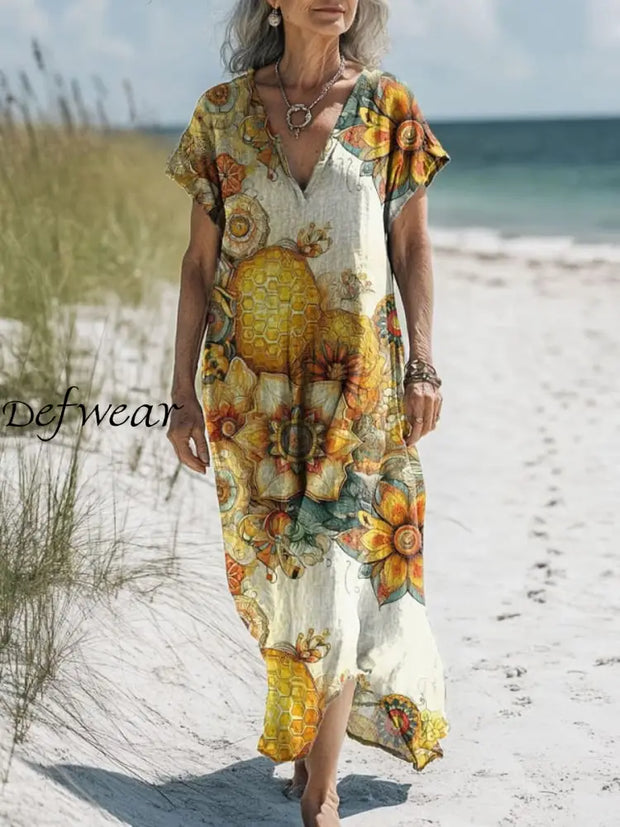 Retro Boho Floral Art Printed V-Neck Vintage Loose Long Sleeves Midi Dress A / S