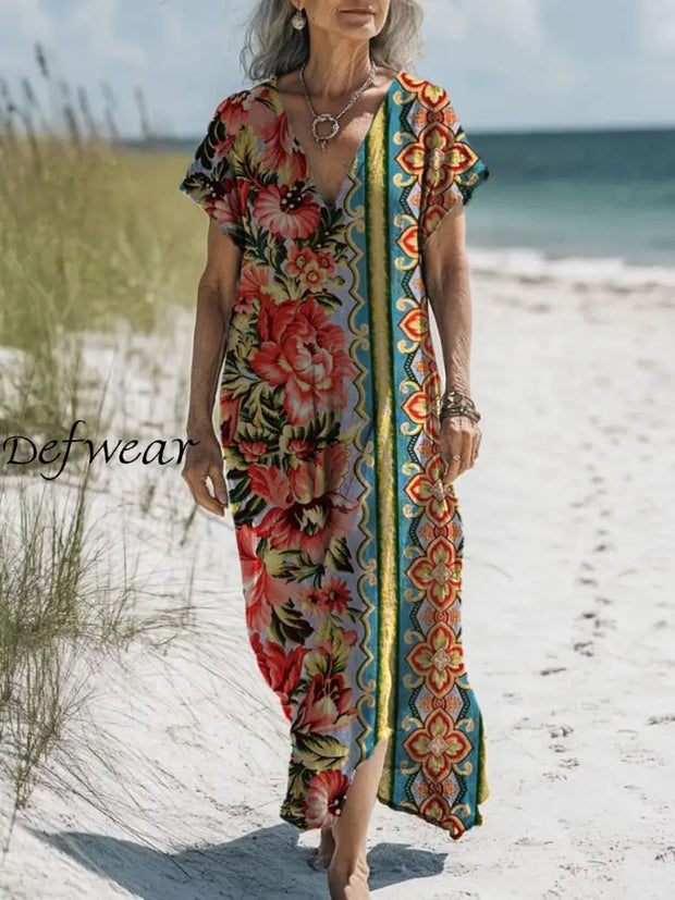 Retro Boho Floral Art Printed V-Neck Vintage Loose Long Sleeves Midi Dress A / S