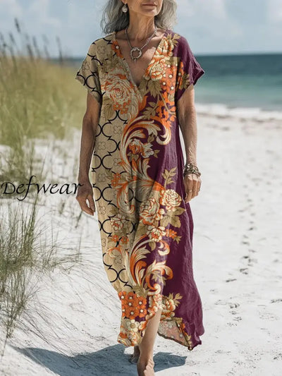 Retro Boho Floral Art Printed V-Neck Vintage Loose Long Sleeves Midi Dress A / S