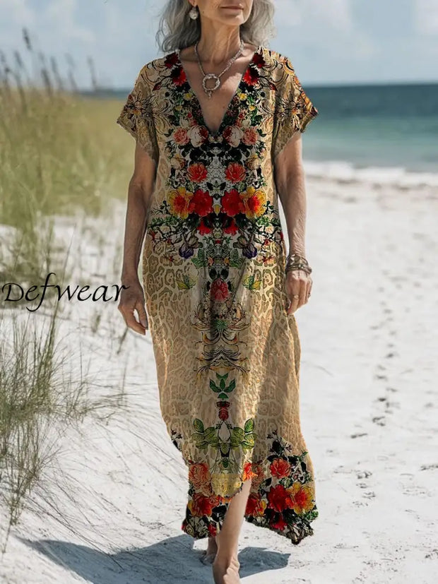 Retro Boho Floral Art Printed V-Neck Vintage Loose Long Sleeves Midi Dress A / S