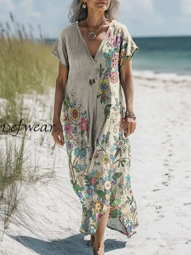 Retro Boho Floral Art Printed V-Neck Vintage Loose Long Sleeves Midi Dress A / S