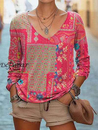 Retro Boho Floral Art Printed Vintage Casual Cotton V-Neck Long Sleeve T-Shirt A / S